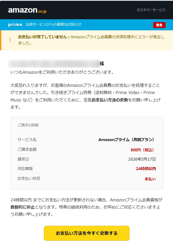Amazon Prime会員の満期通知と名乗る詐欺メール
